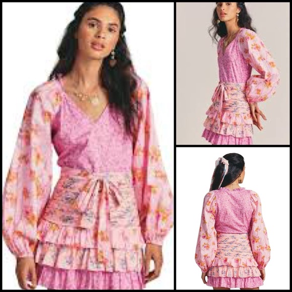 For Love Bell Long Sleeve Floral Dress Layered Ruffle V Neck Boho Cottage Mini S - Picture 1 of 15